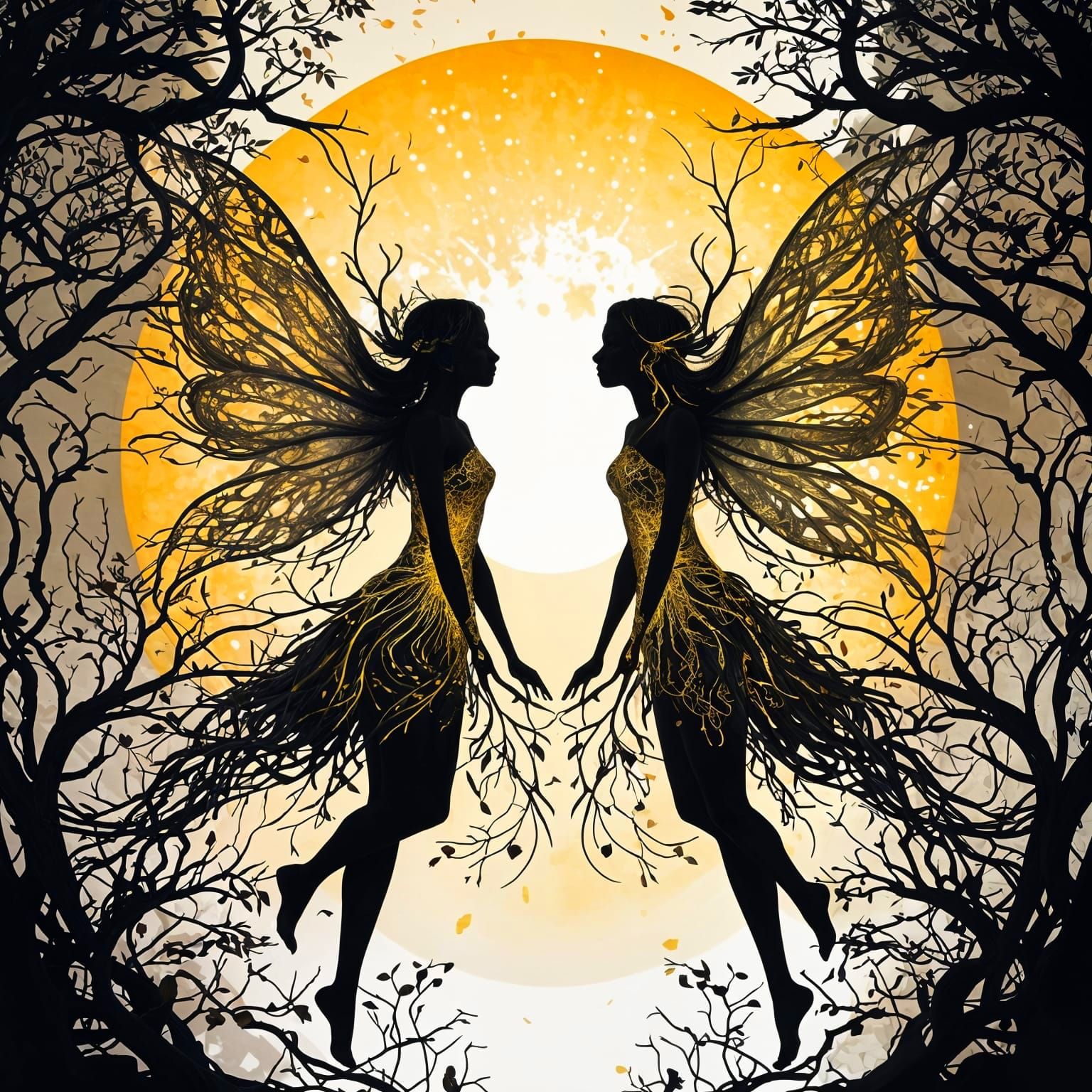 Ethereal Fairies in Radiant Sun and Shadow Illustration