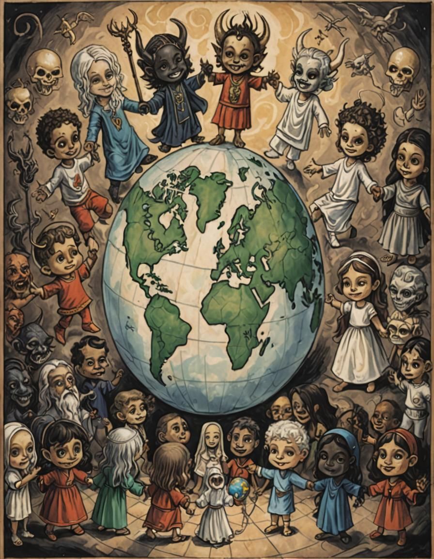 Children of Faiths with Shadowy Baphomet