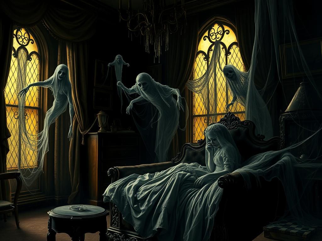 Victorian Ghost Girl Weeping in Dark Manor