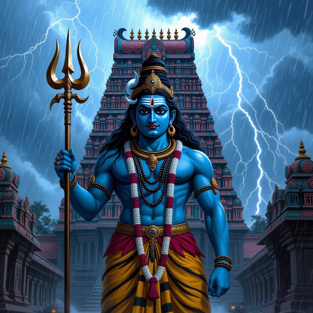 Lord Rudra Before Temple in Raja Ravi Varma Style