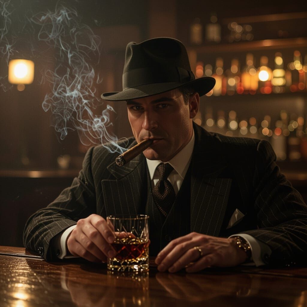 1920s Mobster Drinks Whiskey at Bar