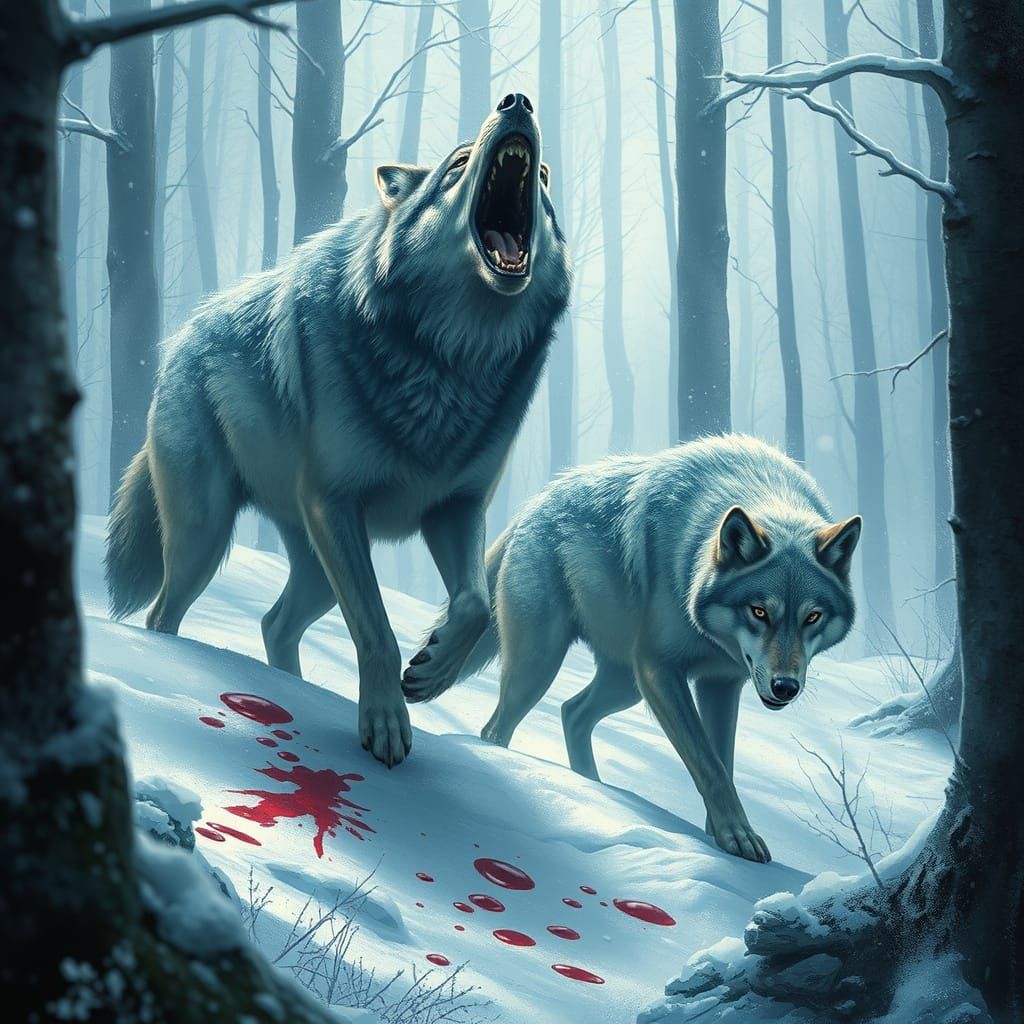 Wolves Hunting in Snowy Forest, Atmospheric Art