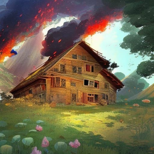 Abandoned Farm Village with Distant Volcano