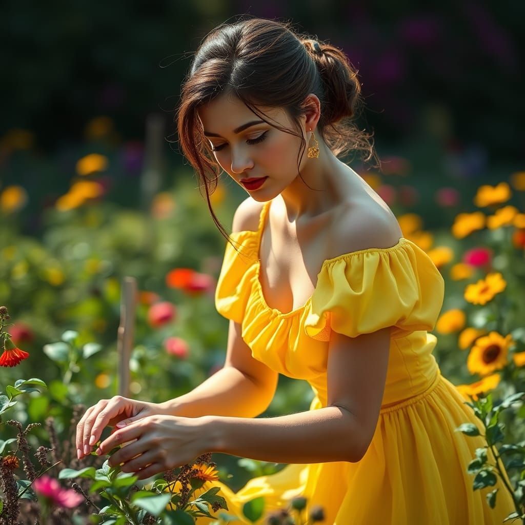 Woman Gardening in Hyperrealistic Splash Art Style