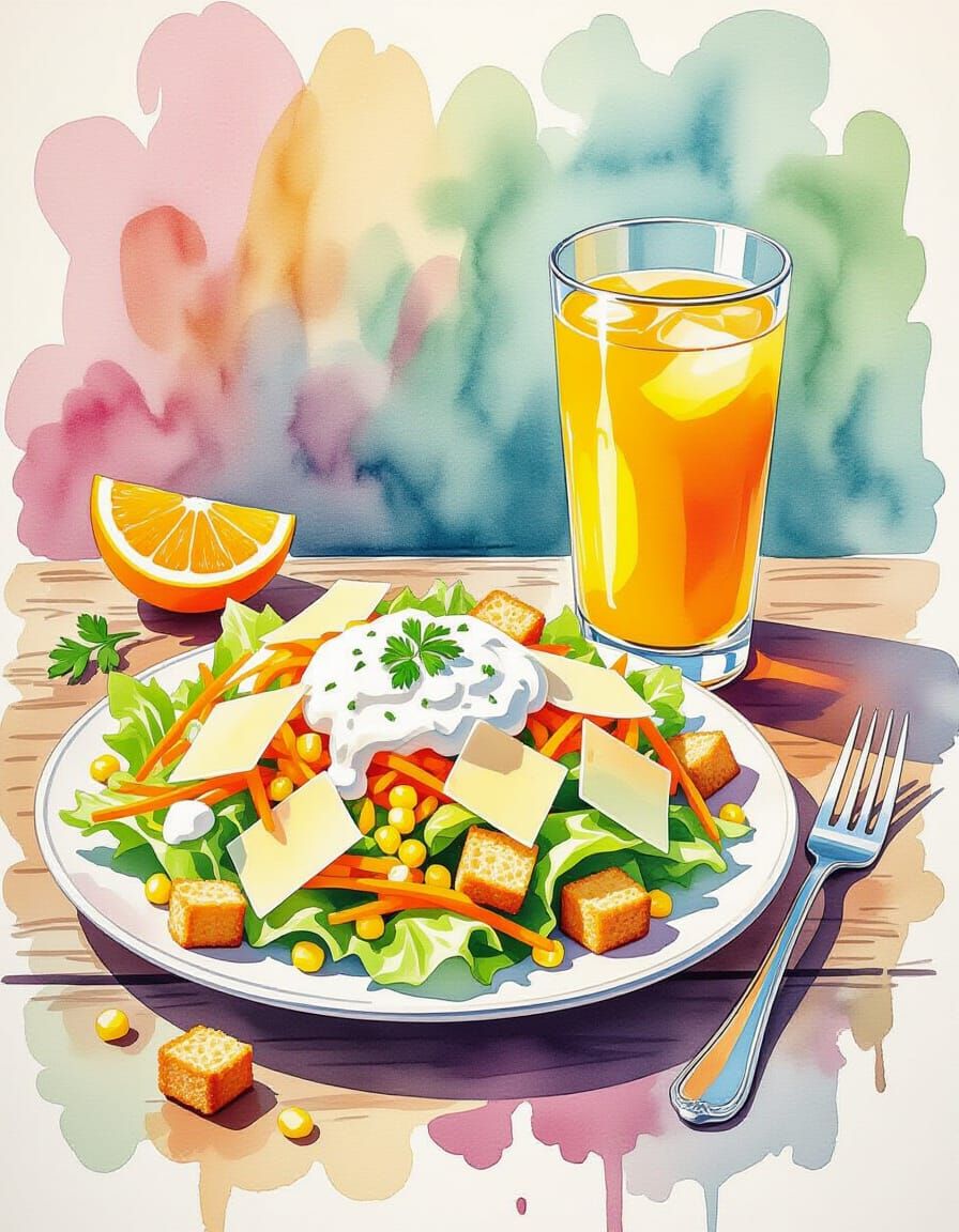 Vibrant Garden Salad and Orange Juice in Watercolor Splash A...