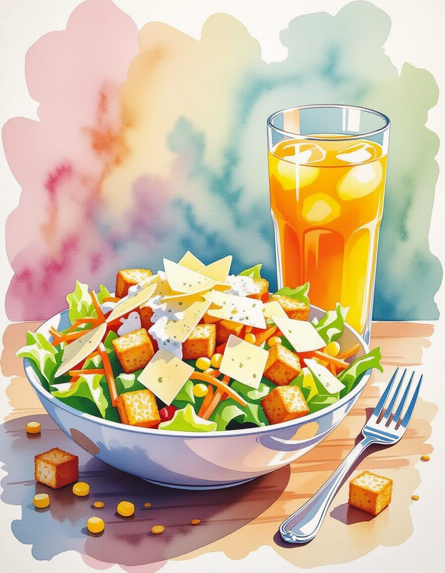 Vibrant Garden Salad and Orange Juice in Watercolor Splash A...