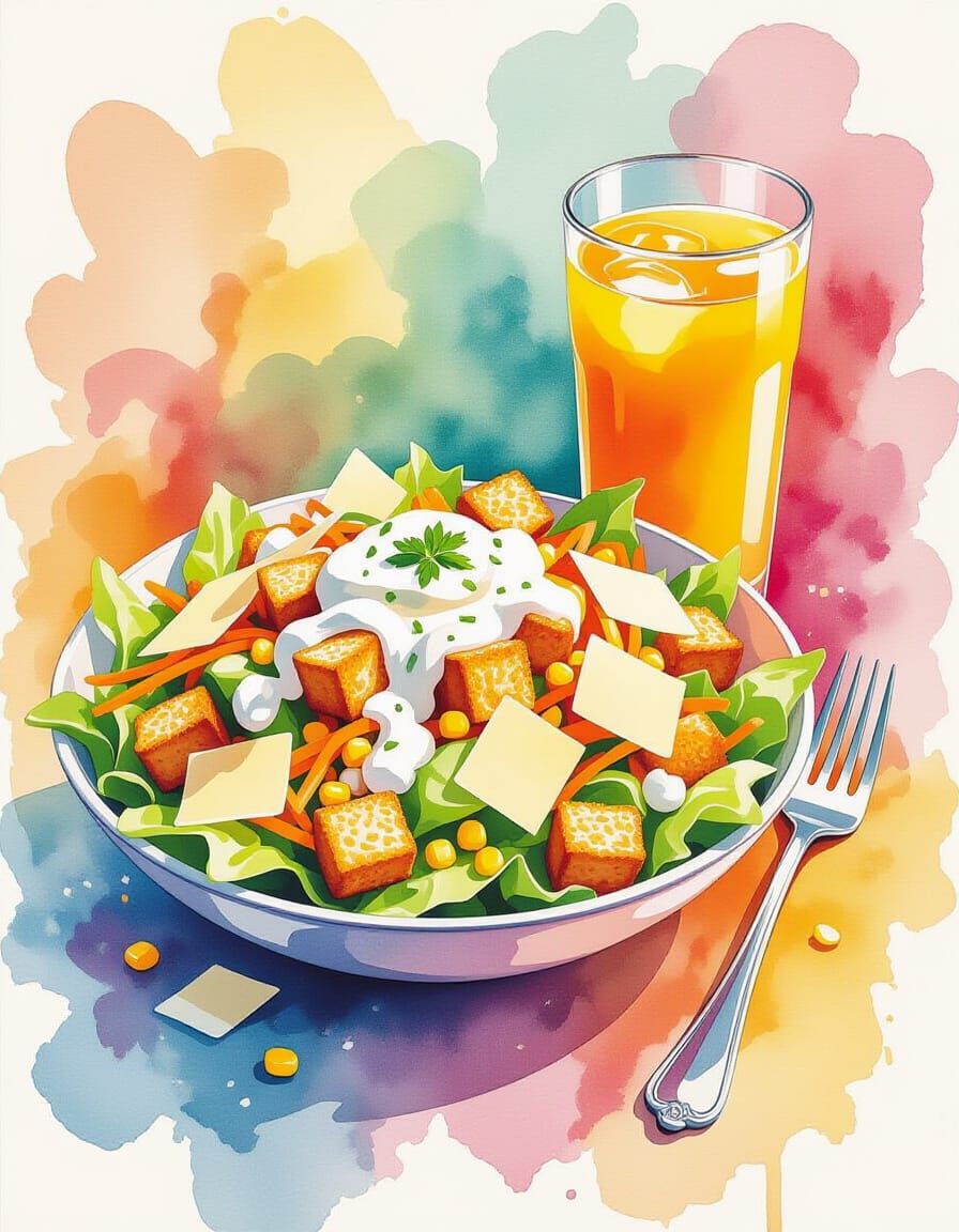 Vibrant Watercolor Garden Salad and Orange Juice Art