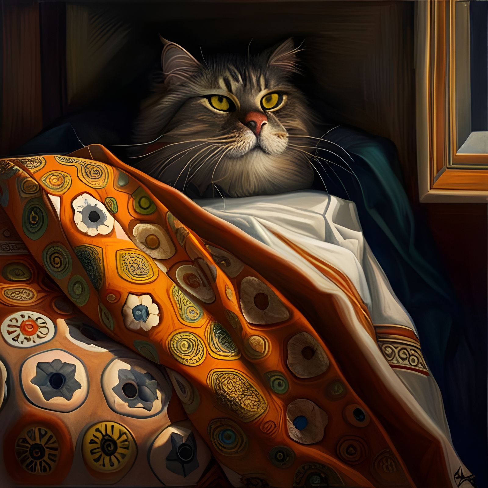 Cat Sleeping on Pillow, Hyper-Realistic Mixed Media