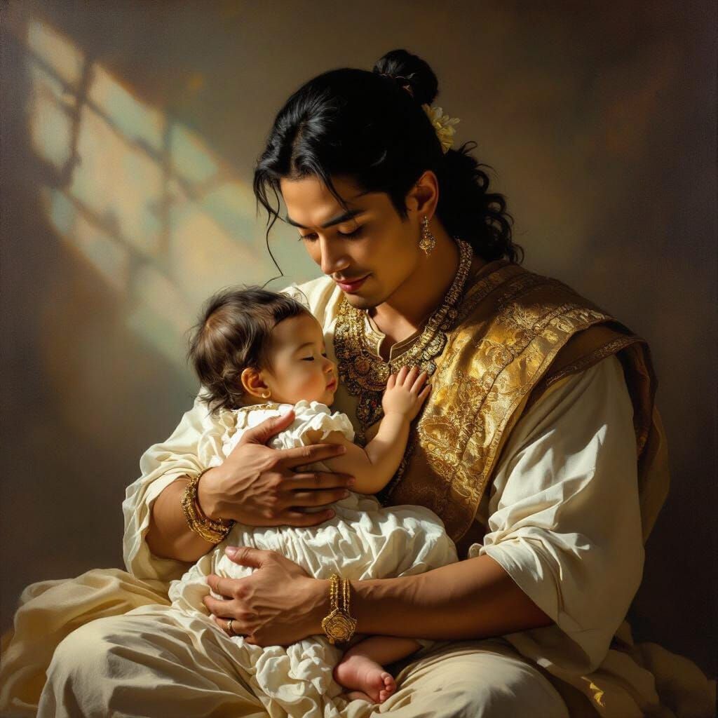 Khmer Noble Embraces Baby in Serene Oil Painting