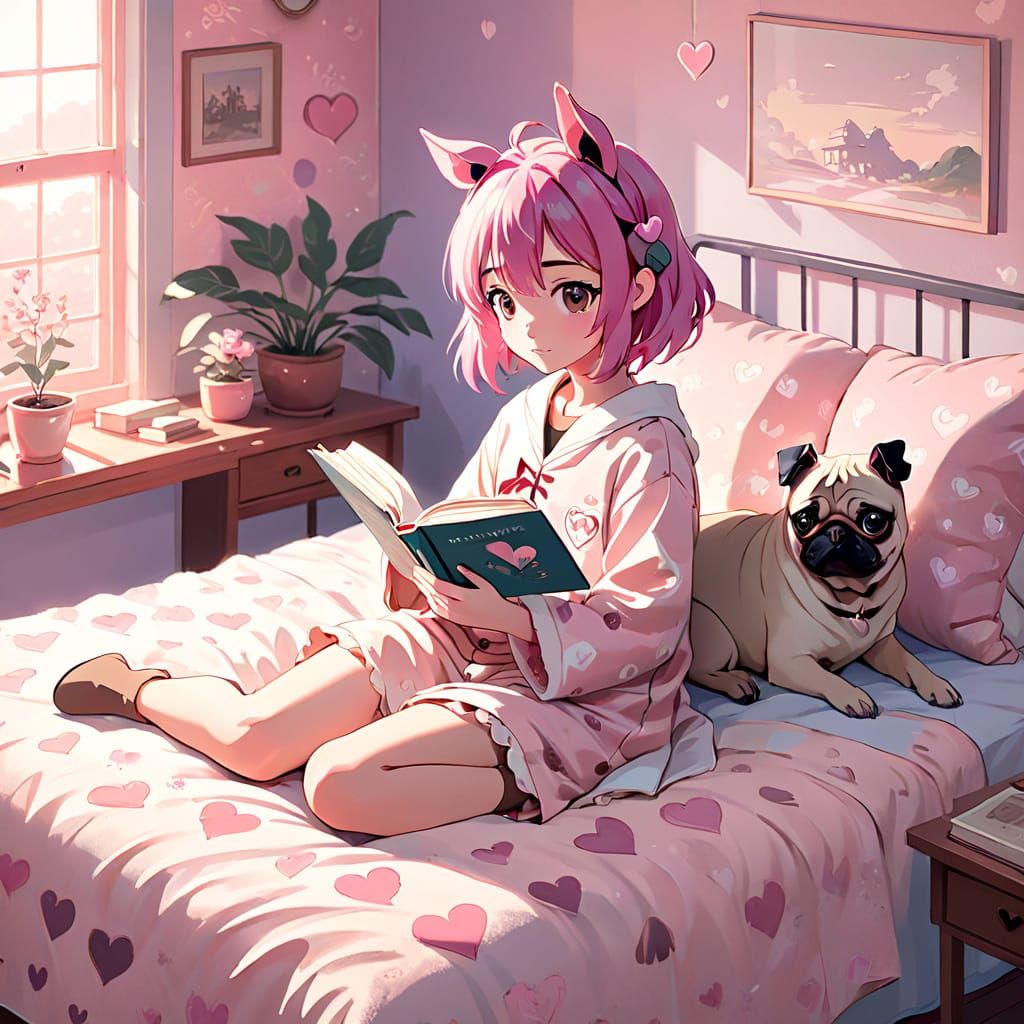 Whimsical Anime Girl in Cozy Pajamas, Surrounded by Gentle T...