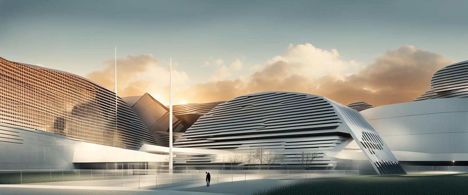 Futuristic Adobe Building with Metal Structure in Bauhaus St...