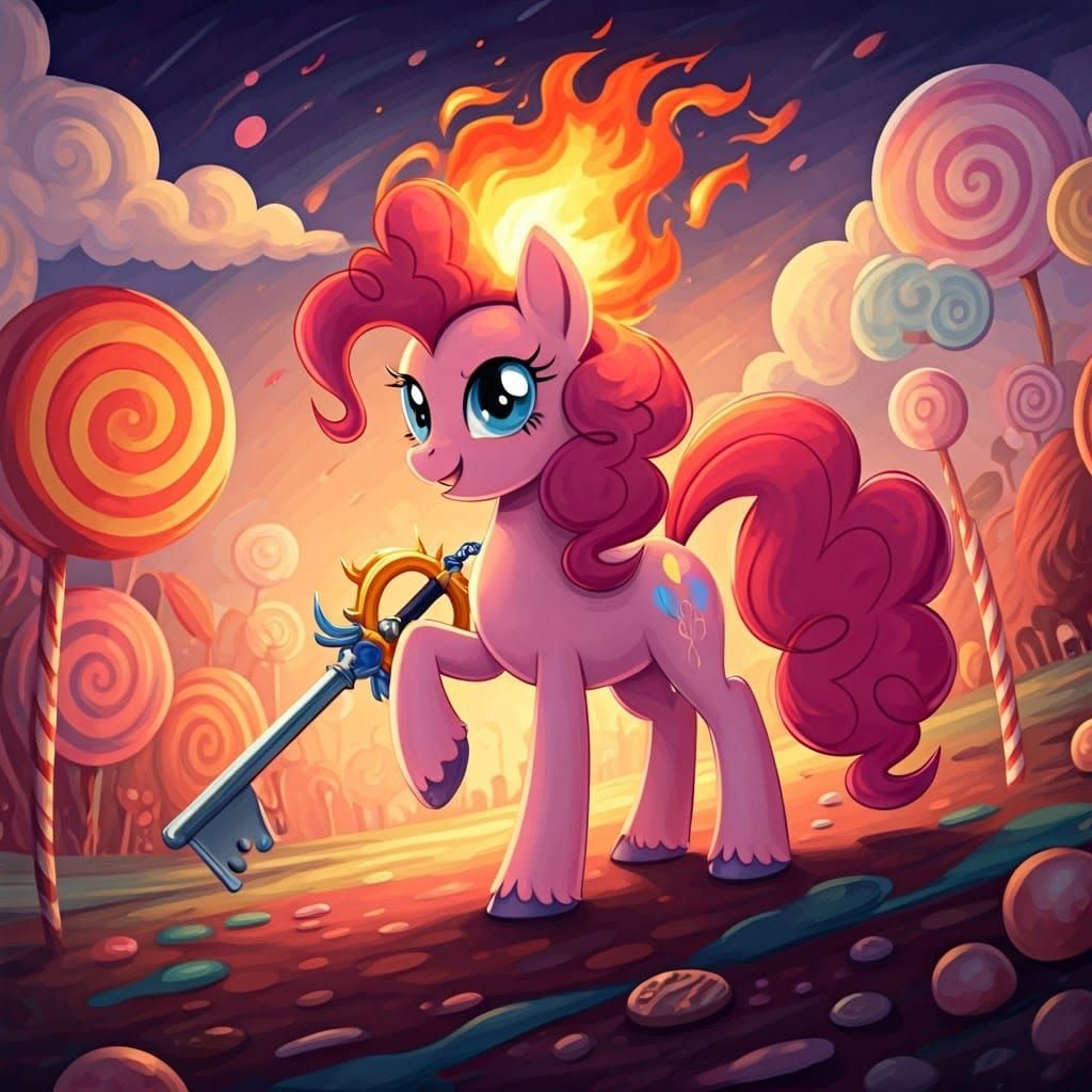 Surreal Candyland Pony Wields Keyblade in Vibrant Gouache St...