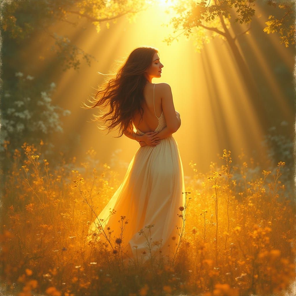 Woman Embracing Self in Golden Light