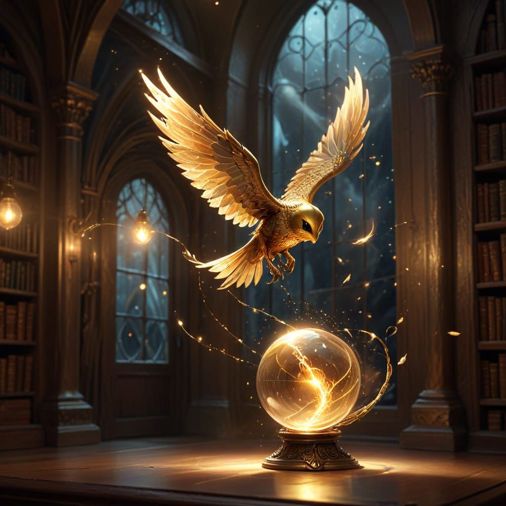 Golden Snitch Illustration with Ethereal Magic Trails