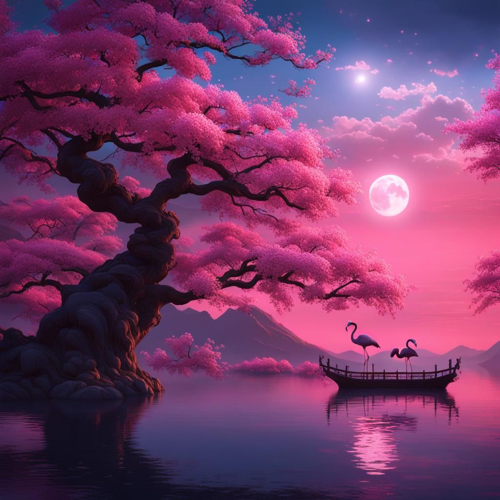 Pink Night: Cherry Blossoms in Chinese Art Style