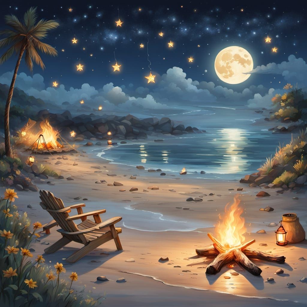 Bonfire Under the Stars on Summer Night Beach