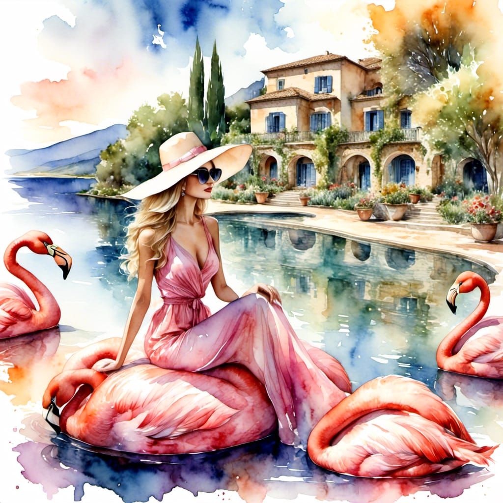 Provençal Summer Scene with Woman, Watercolor Style