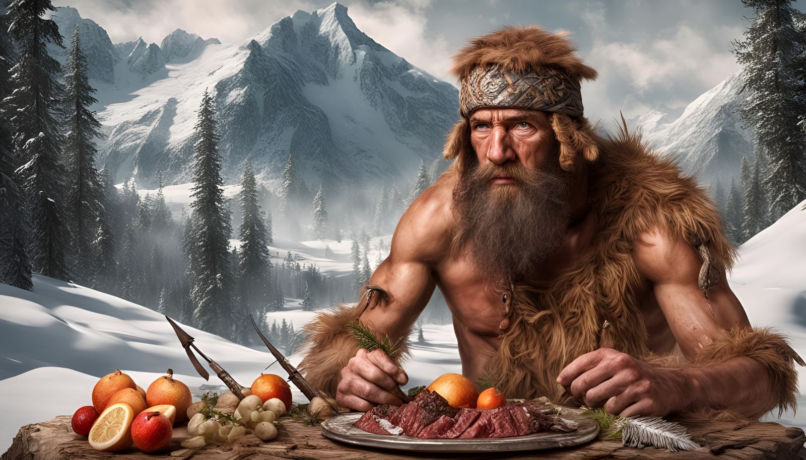 Ötzi the Iceman with fancy bear hat at copper age and wood plate with fruits and meat