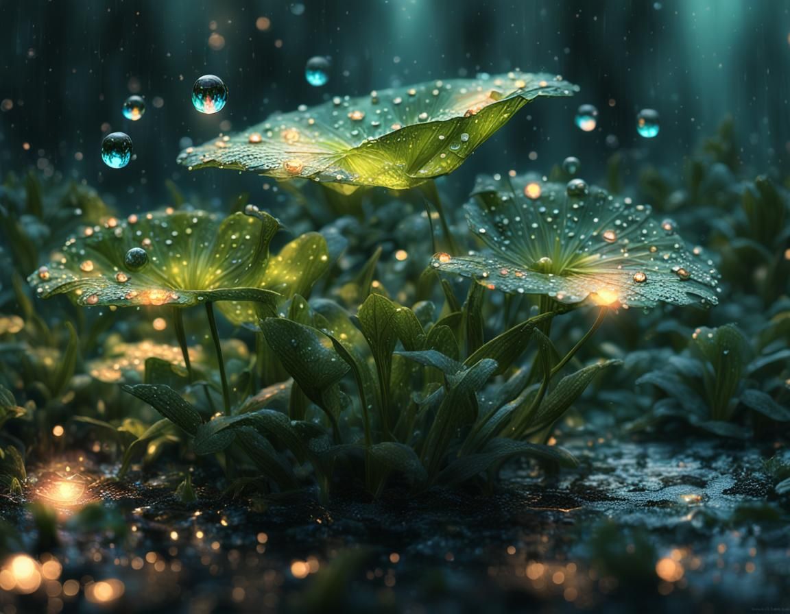 Dew-Kissed Magical Plants with Fireflies in 3D