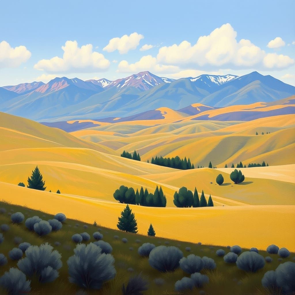 Realistic Oil Painting: Rolling Hills and Mountains
