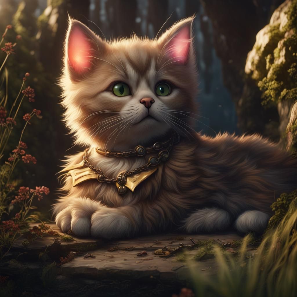 Kitten Sleeps in Dog's Arms: Fantasy Art