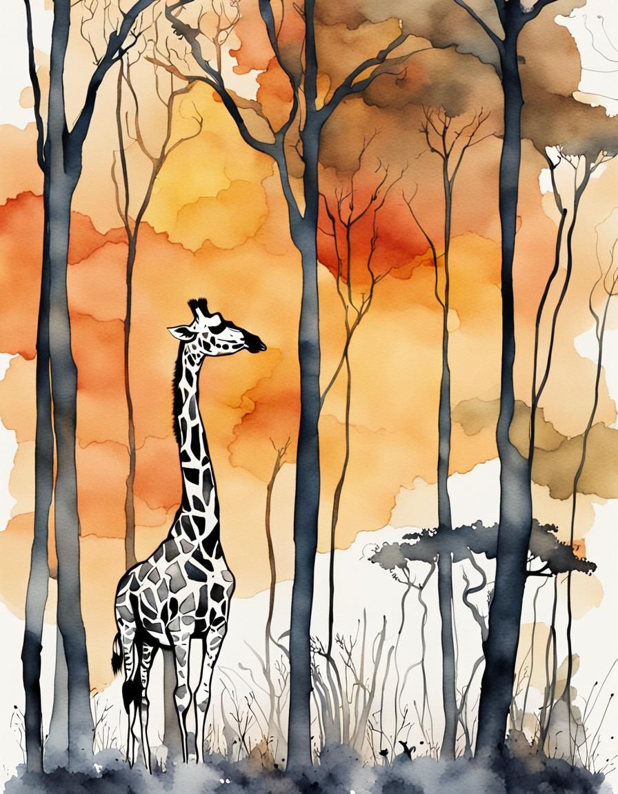 Giraffe Roaming the African Savannah in Moody Watercolour