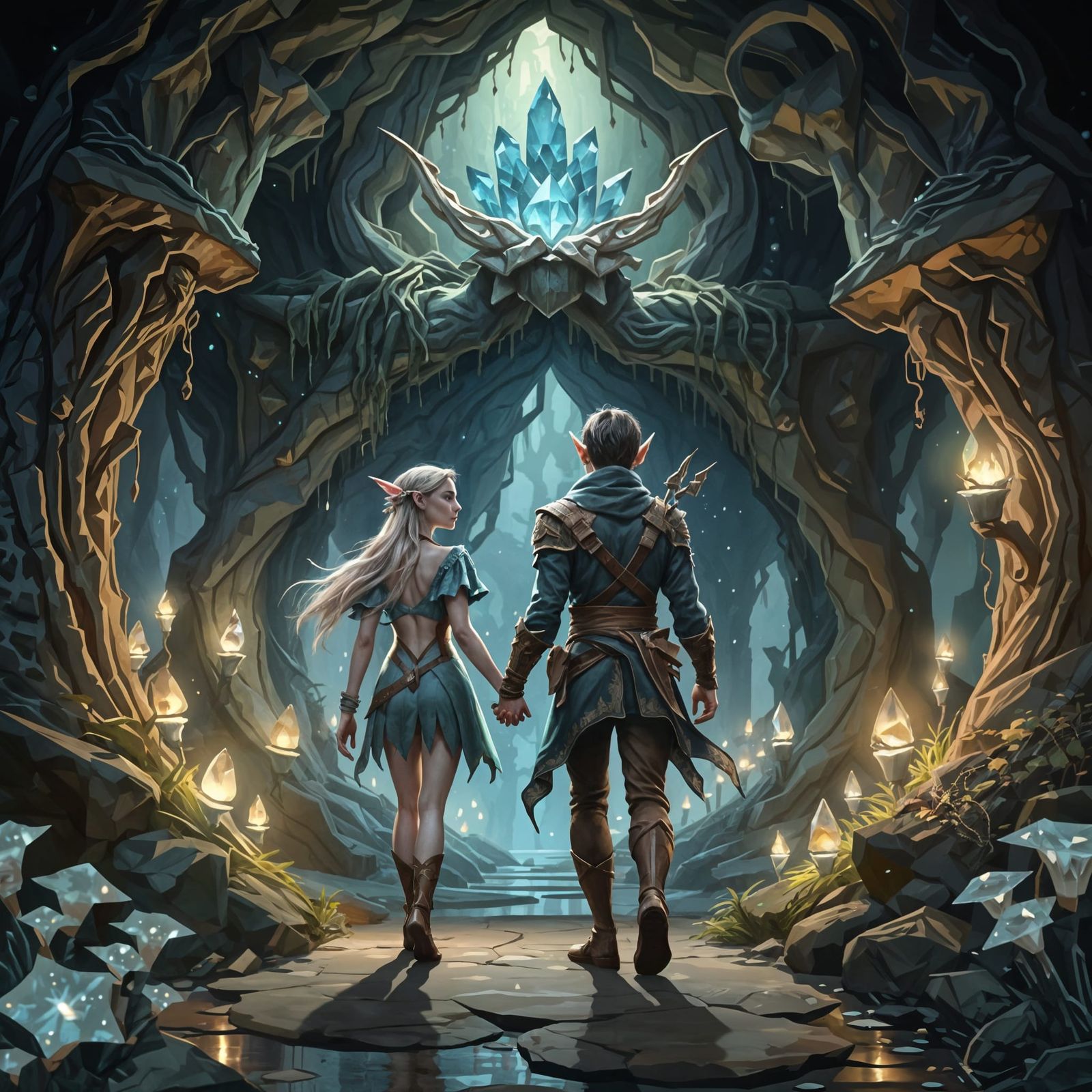 Ethereal Elf Couple in a Vibrant Cave Paradise