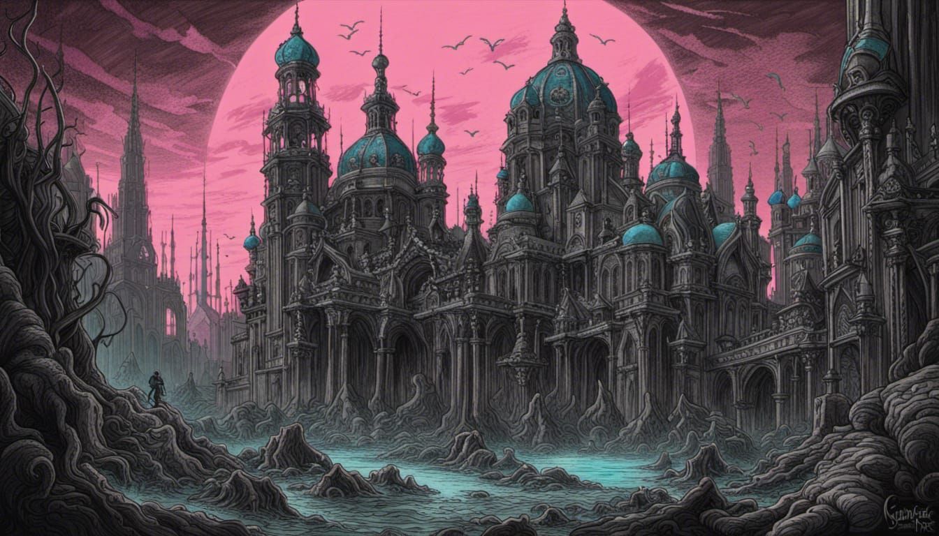 Synthwave Gothic City Under an Eldritch Sun
