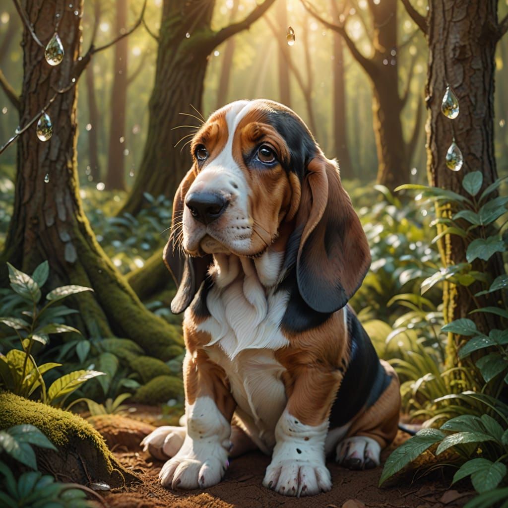 Adorable Basset Hound Puppy in Whimsical Forest