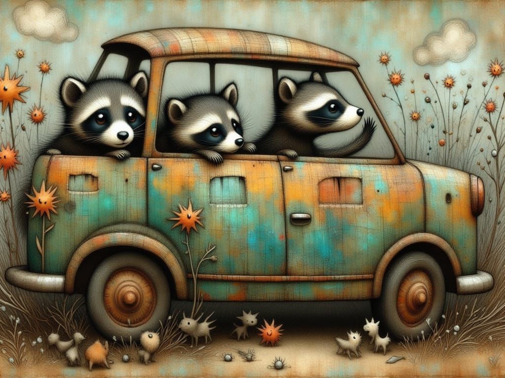 Whimsical Raccoons Play in a Weathered Car