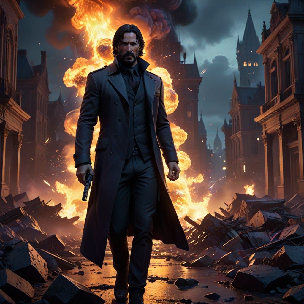 John Wick in Dark Gothic Cityscape with Explosion