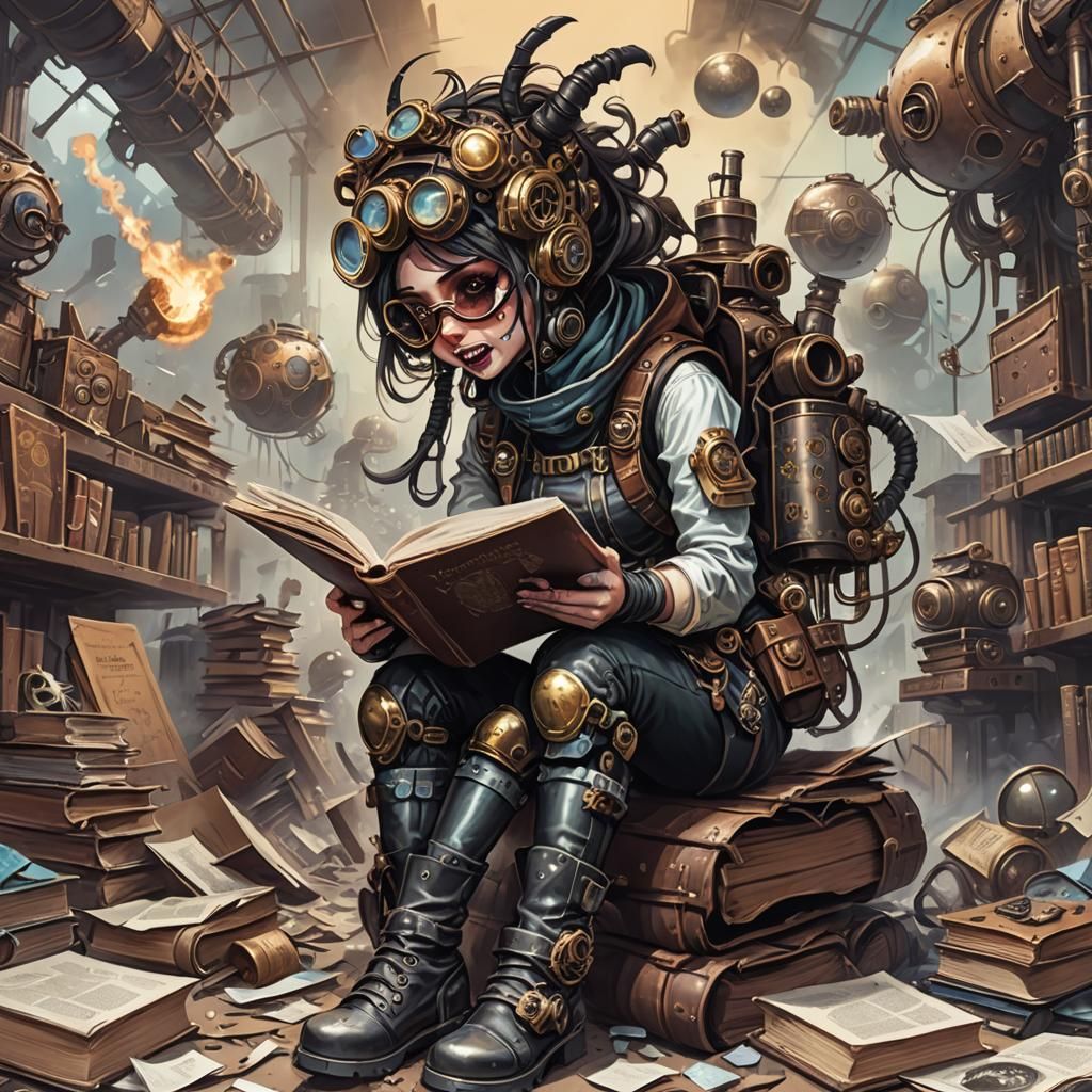 Dystopian Steampunk Girl with Robot in Ruined Library