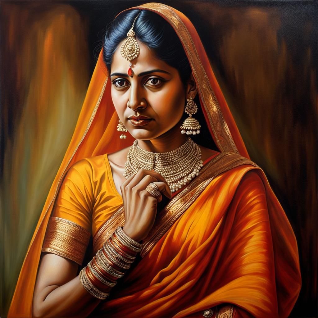 Atmospheric Portrait of Indian Woman in Saffron Sari