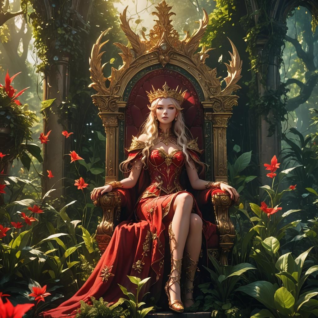 Anime Fairy Queen on Throne in Lush Setting