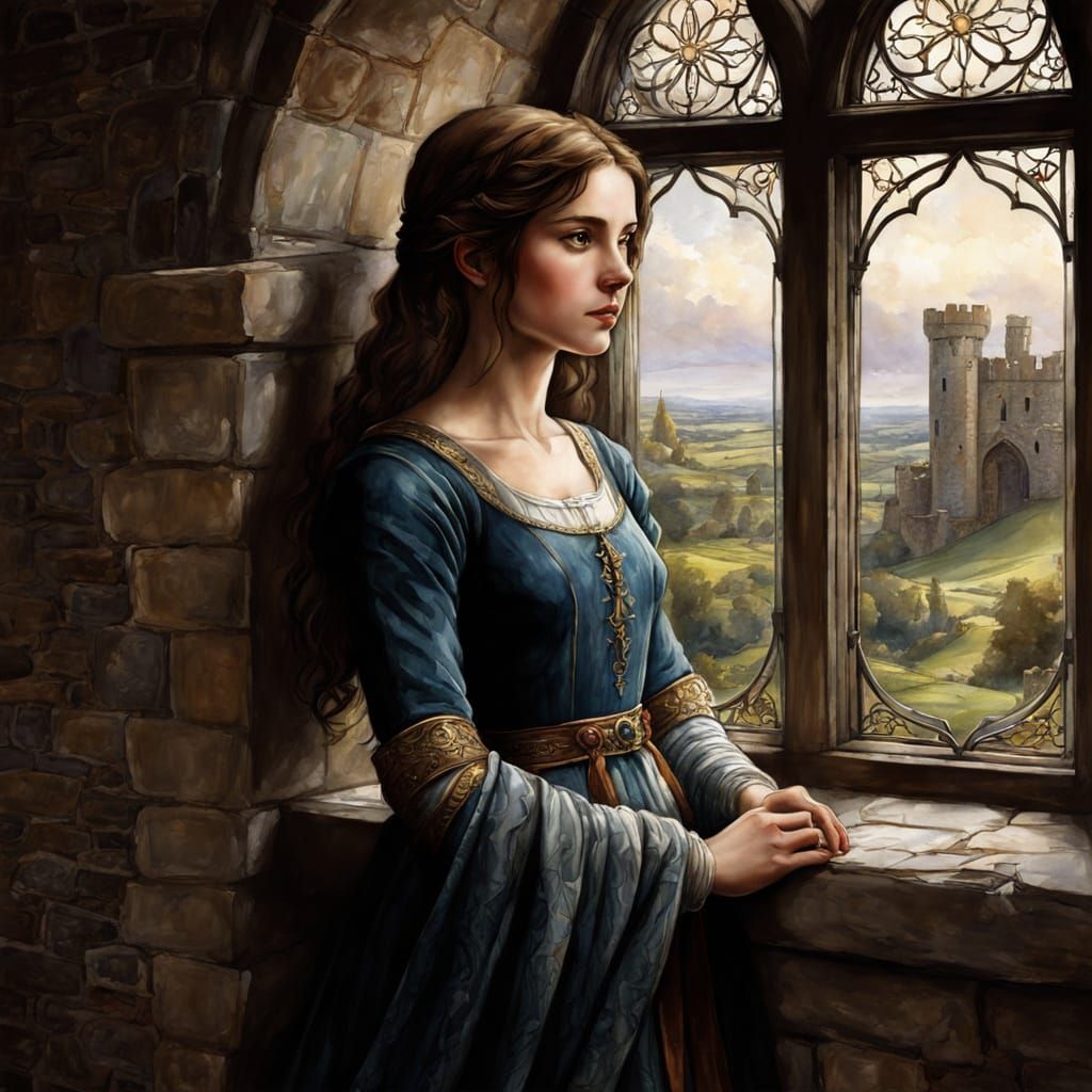 A Girl in Chiaroscuro, Watercolor Medieval Style