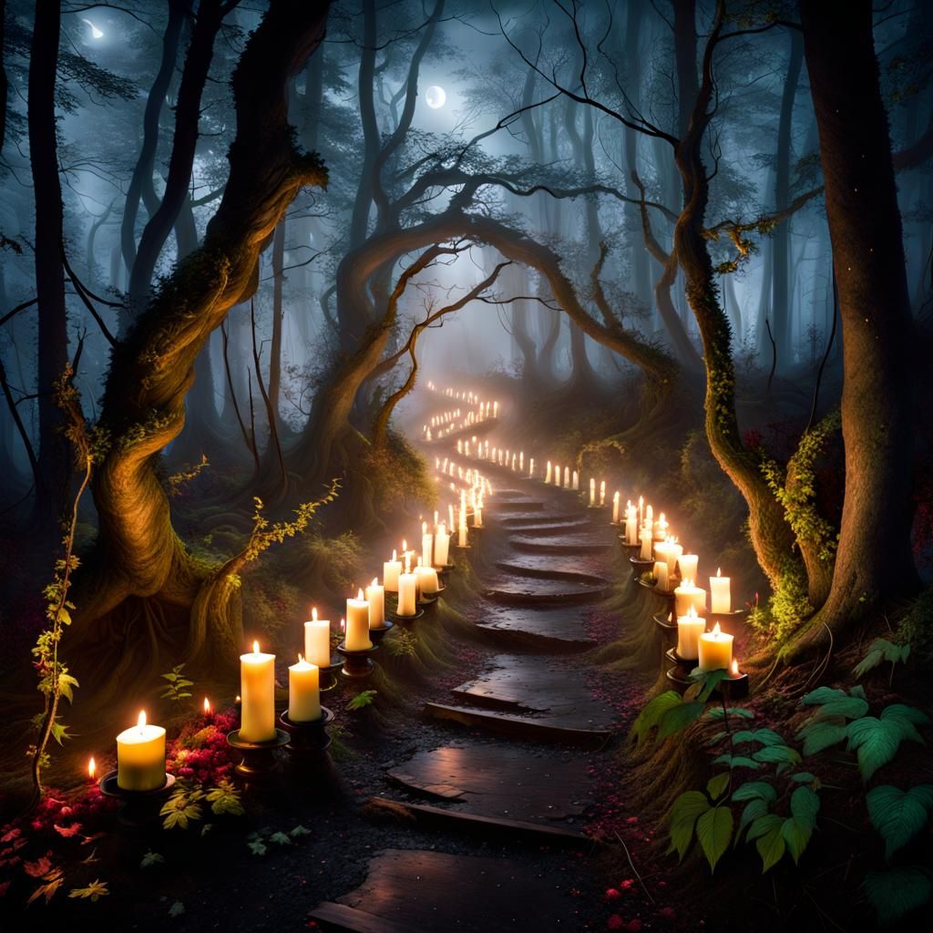 Eerie Candlelit Forest Path in Photorealistic Style
