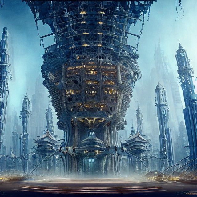 Biomechanical Town Hall in Future Cityscape