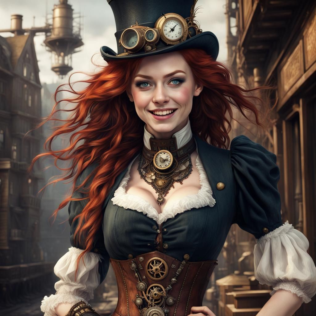 noble redhead woman, smile, steampunk dress, holding steampunk firearms steampunk, smile, Emma Stone face, slender, slen...
