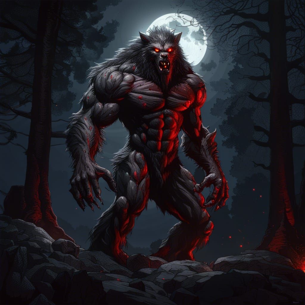 Muscular Werewolf Under Full Moon, Dark Fantasy Art