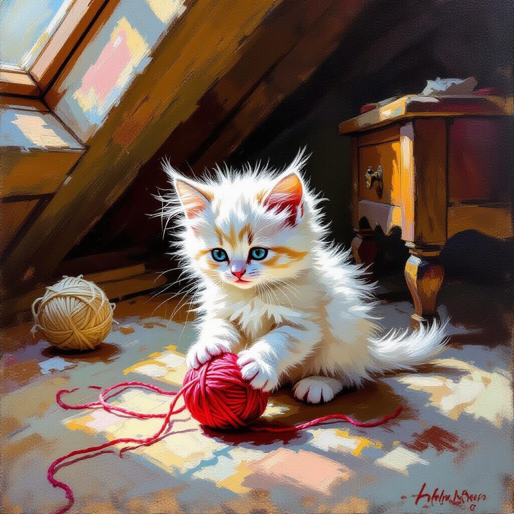 Kitten Plays with Yarn: Neo-Impressionist Impasto Painting
