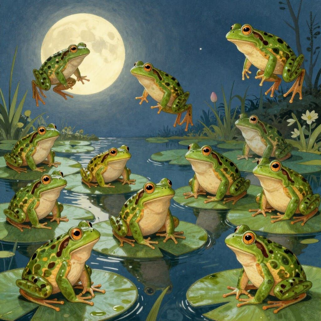 Whimsical Frogs Leap and Croak Under Full Moon