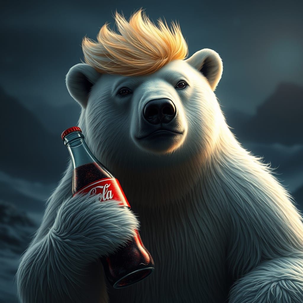 Surreal Polar Bear in Trump Haircut, Holding Coke Bottle at ...