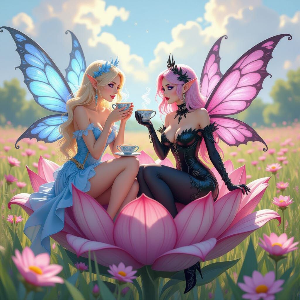 Fairies Enjoying Tea Amidst Glowing Flowers