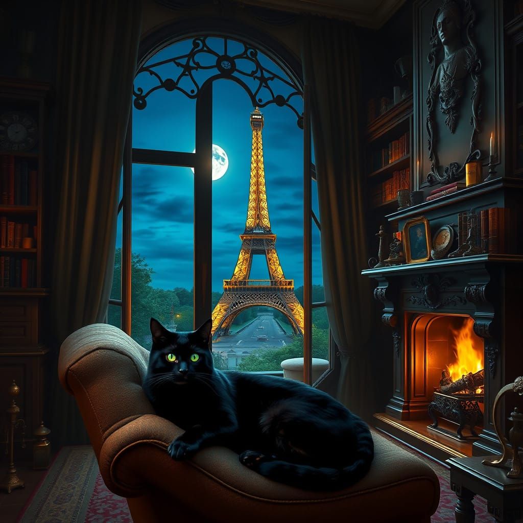 Whimsical Salon Lit by Midnight Moonlight, Eiffel Tower in t...