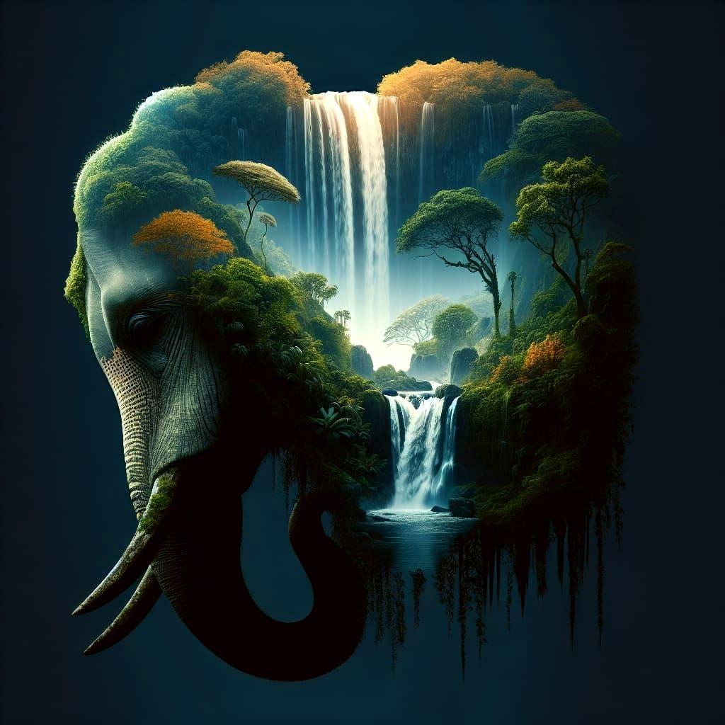 Elephant Silhouette: Jungle Waterfall Fantasy Concept Art