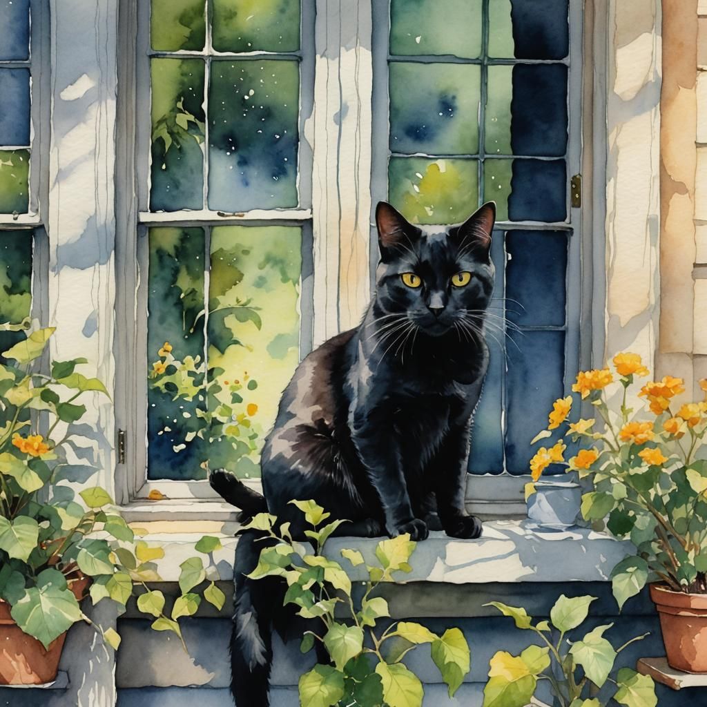 Black Cat at Window: Watercolor Summer Afternoon