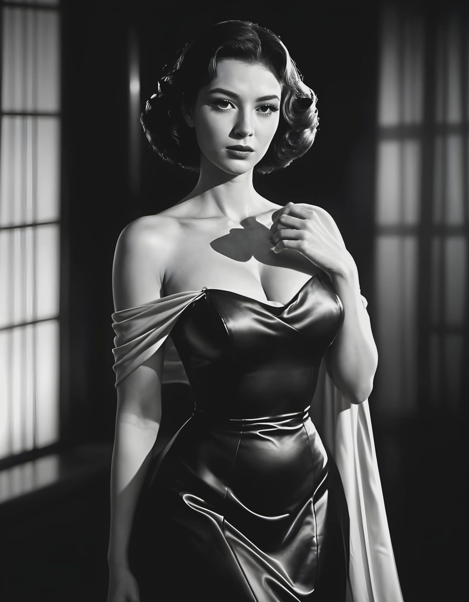 Sultry Femme Fatale in a 1940s Noir Boudoir Scene