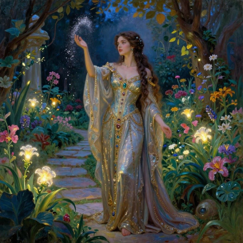 Magical Gardener in Secret Garden at Twilight