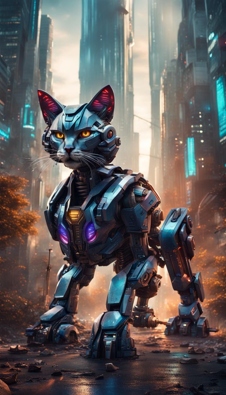Futuristic Cityscape: Transformer Cat in Detailed Matte Pain...