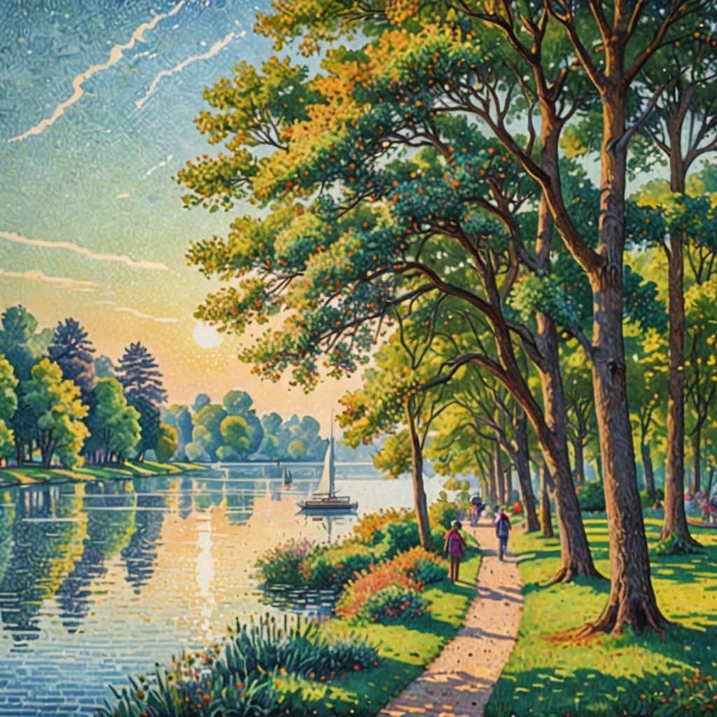 Pointillist Landscape with Lake and Figures